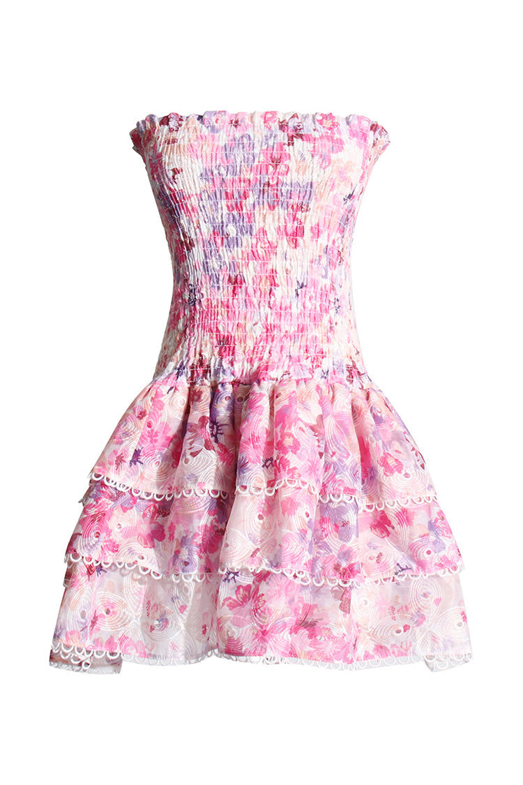 Cute Ruffle Strapless Smocked Broderie Anglaise Tiered Floral Mini Dress