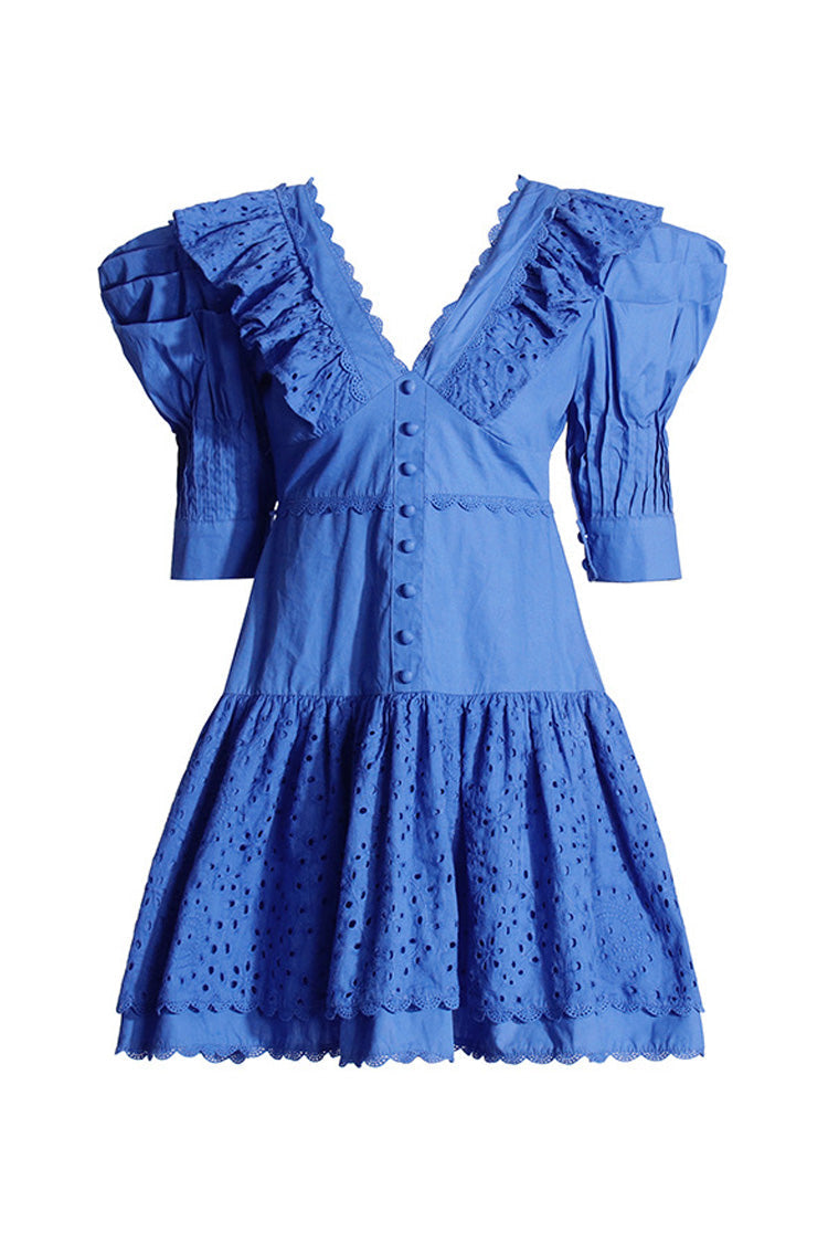 Cute Scalloped V Neck Puff Sleeve Broderie Anglaise Ruffle Tiered Mini Dress - Fashionpara