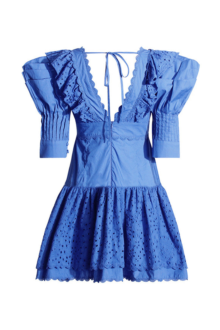 Cute Scalloped V Neck Puff Sleeve Broderie Anglaise Ruffle Tiered Mini Dress - Fashionpara