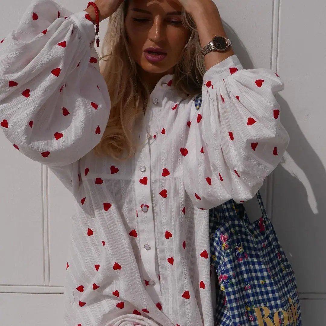 Cute Striped Heart Print High Neck Bishop Sleeve Button Up Maxi Shirt Dress - Red  Fashionpara