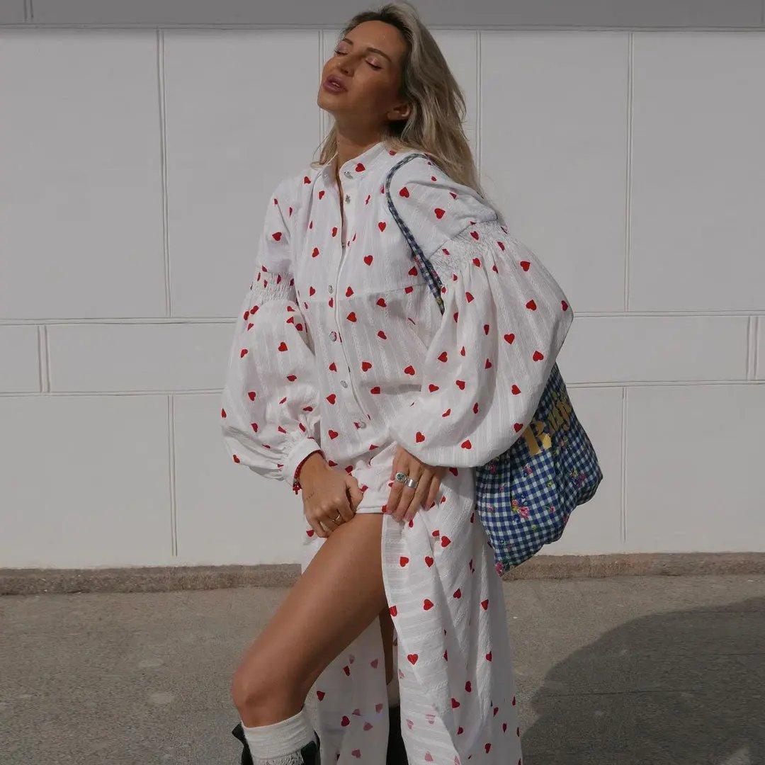 Cute Striped Heart Print High Neck Bishop Sleeve Button Up Maxi Shirt Dress - Red  Fashionpara