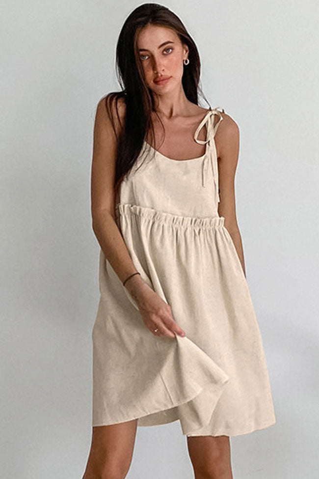 Cute Tiered Ruffle Empire Waist Linen Mini Summer Sundress - Khaki  Fashionpara