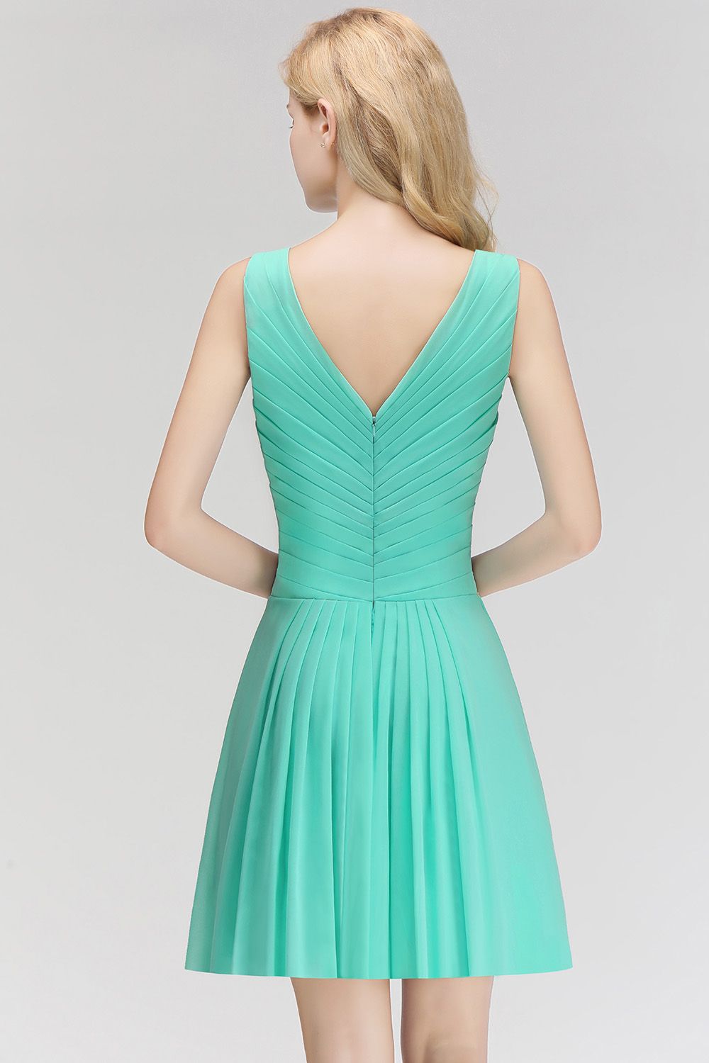Cute V-Neck Sleeveless Short Chiffon Affordable Bridesmaid Dresseswith Ruffle - Fashionpara