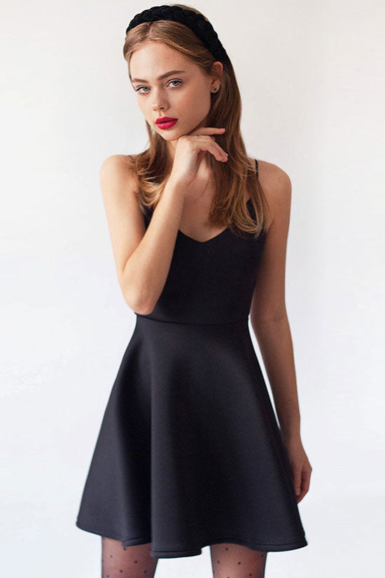 Cute V Neck Spaghetti Strap High Waist Fit & Flare Summer Skater Mini Dress - Fashionpara