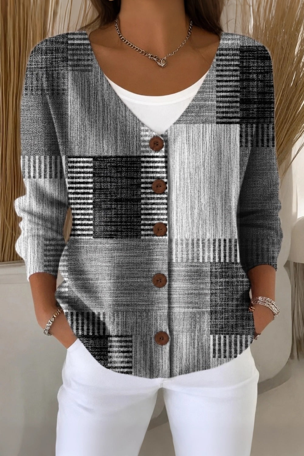 Patchwork Plaid V-Neck Button Front Cardigan