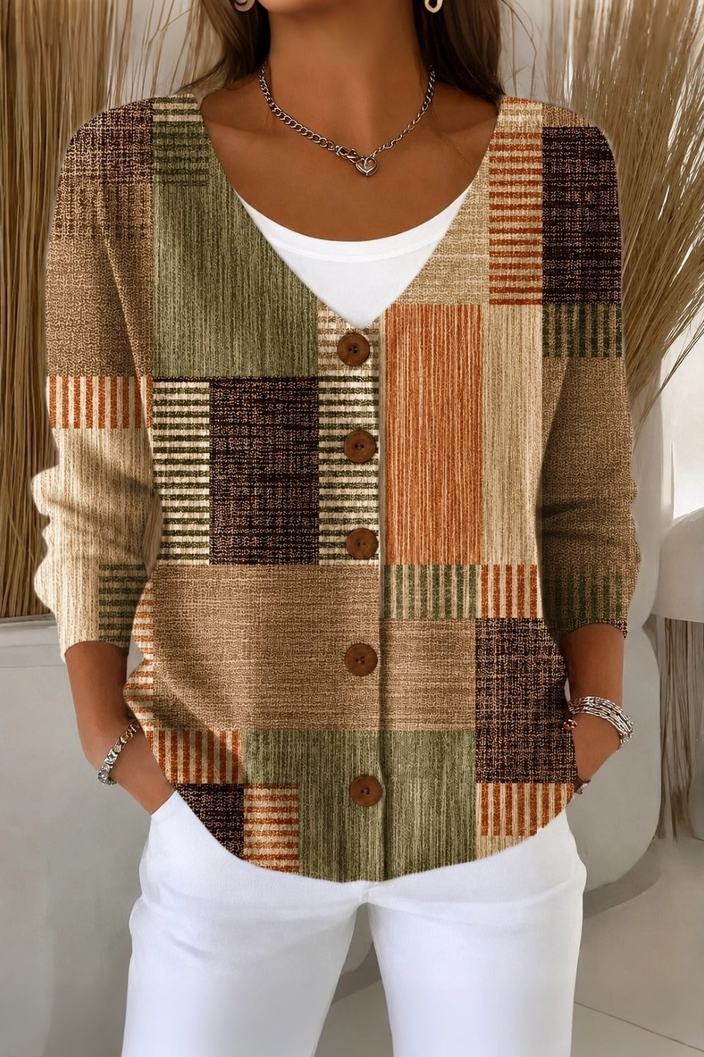 Patchwork Plaid V-Neck Button Front Cardigan 2