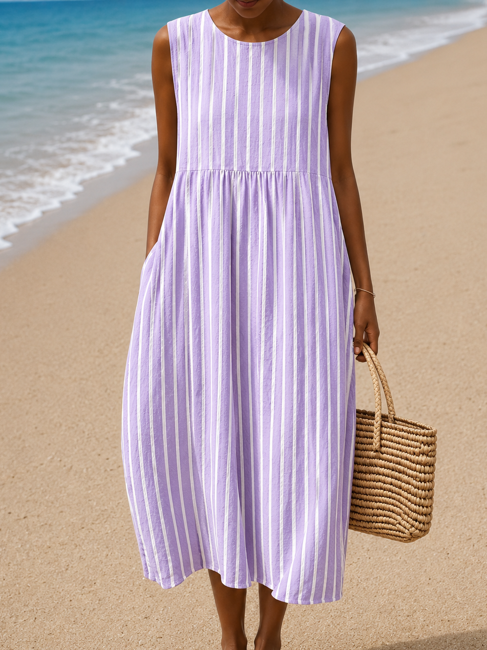 Striped Crew Neck Sleeveless Pocket Midi Dress