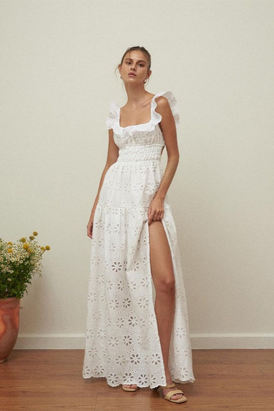 Eyelet Ruffle Strap Shirred Waist Tiered Maxi Dress