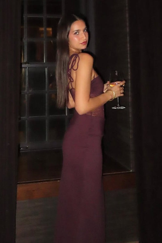 Satin Square Neck Lace Corset Waist Column Gown