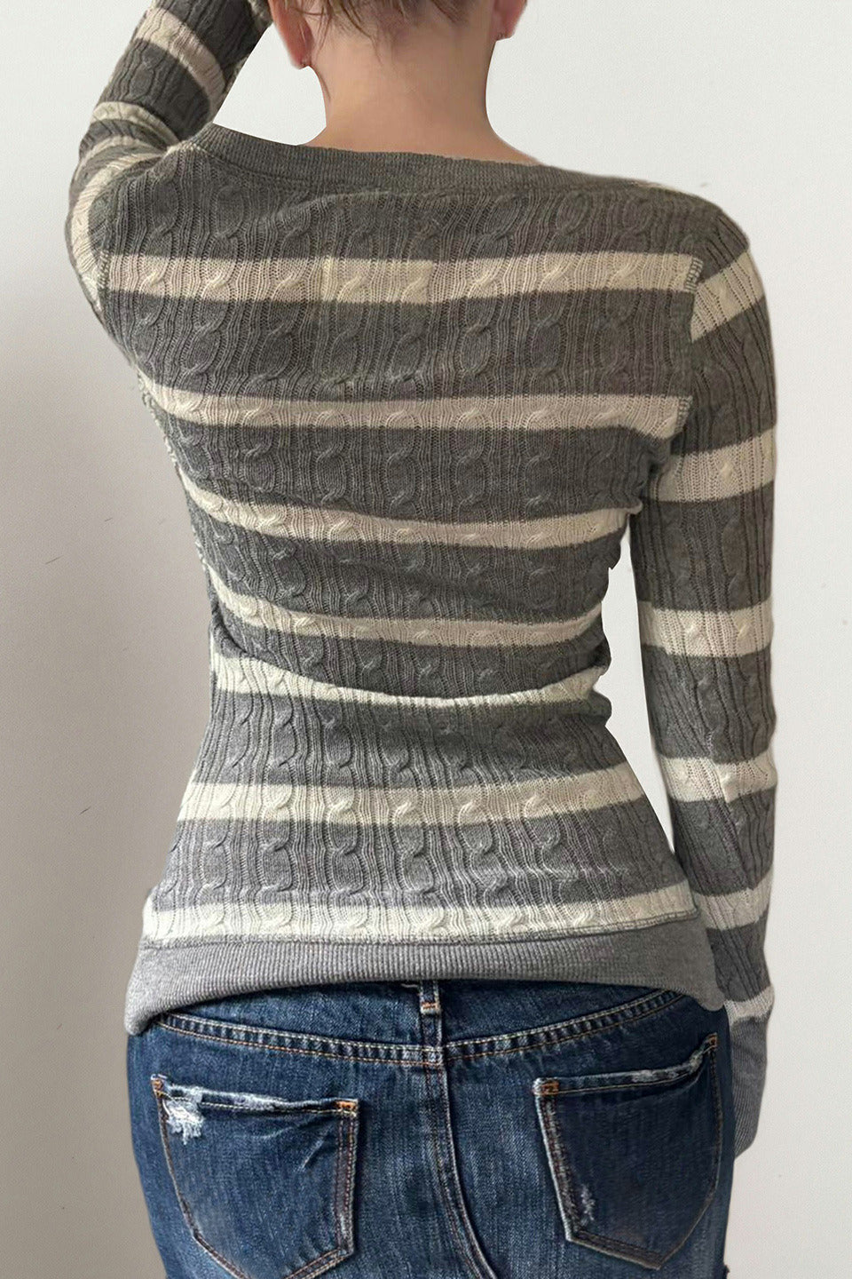 PrincessAce Cable Knit Striped Square Neck Sweater
