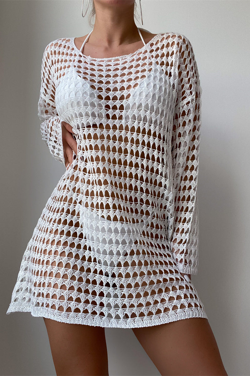 Hollow Knit Long Sleeve Bikini Cover Up