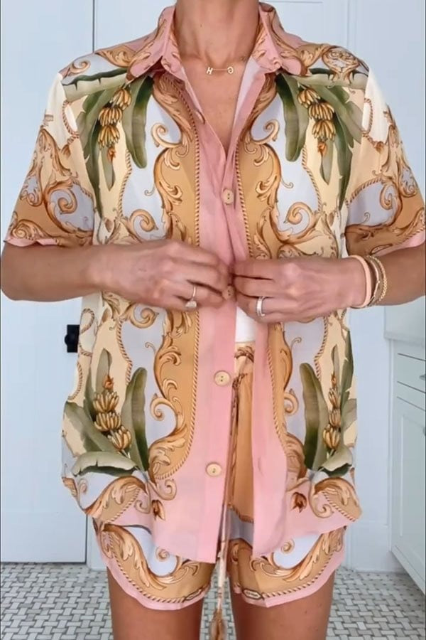 Royalty Unique Print Button Up Short Sleeve Shirt and Elastic Waist Pocketed Loose Shorts Set - Fashionpara