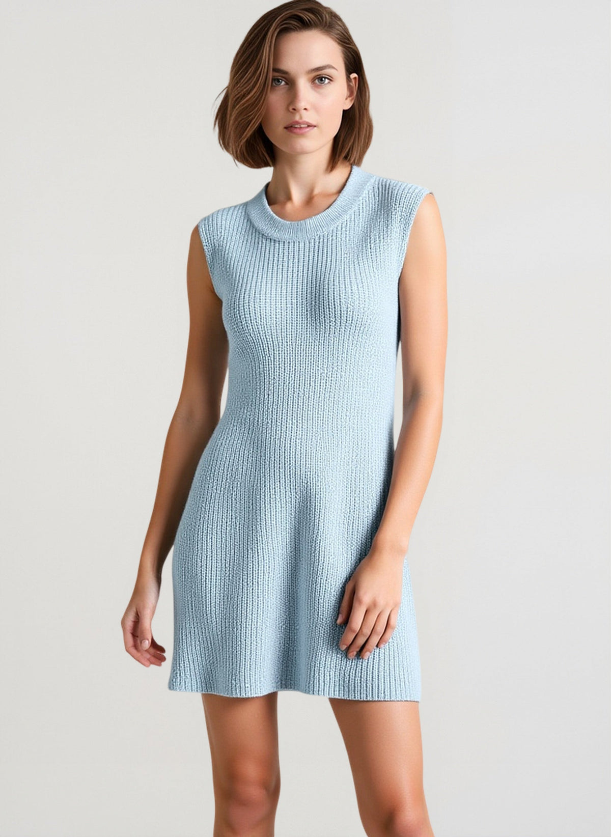 Ribbed Knit Crew Neck Sleeveless Sweater Mini Dress