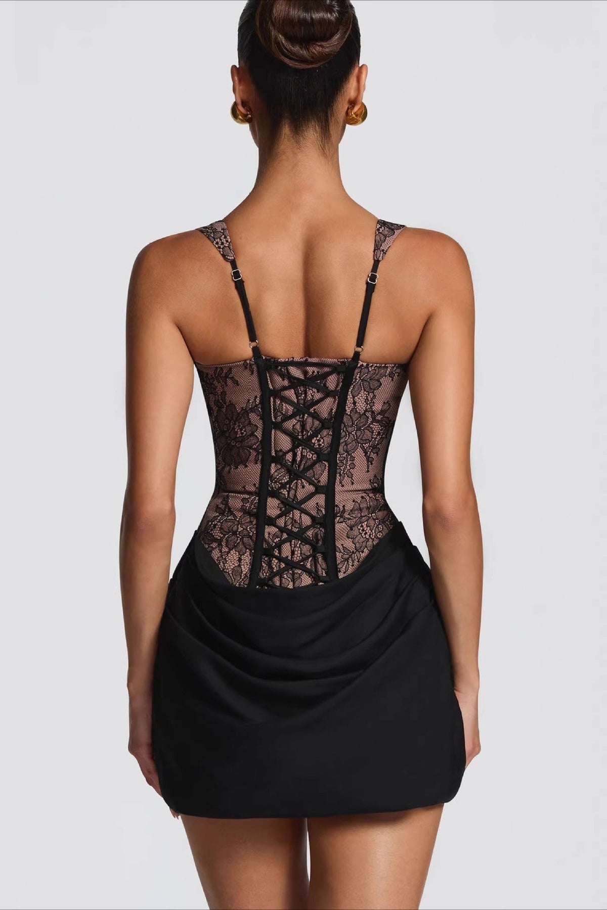 Lace Corset Square Neck Draped Hem Mini Dress