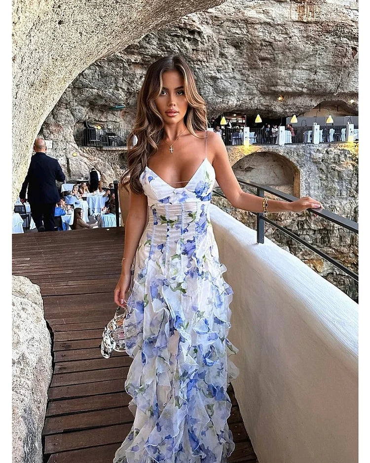 Floral Deep V-Neck Spaghetti Strap Corset Bodice Maxi Dress