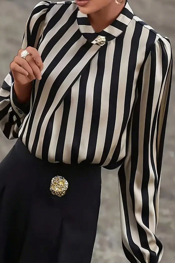 Striped Plus Size Satin Gold Button Elegant Workwear