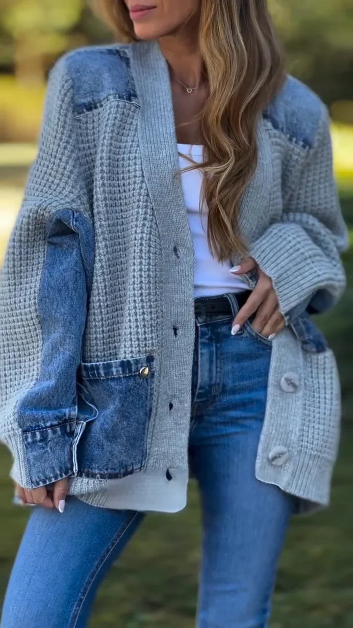 Stylish Denim Patchwork Knitted Loose Cardigan Jacket