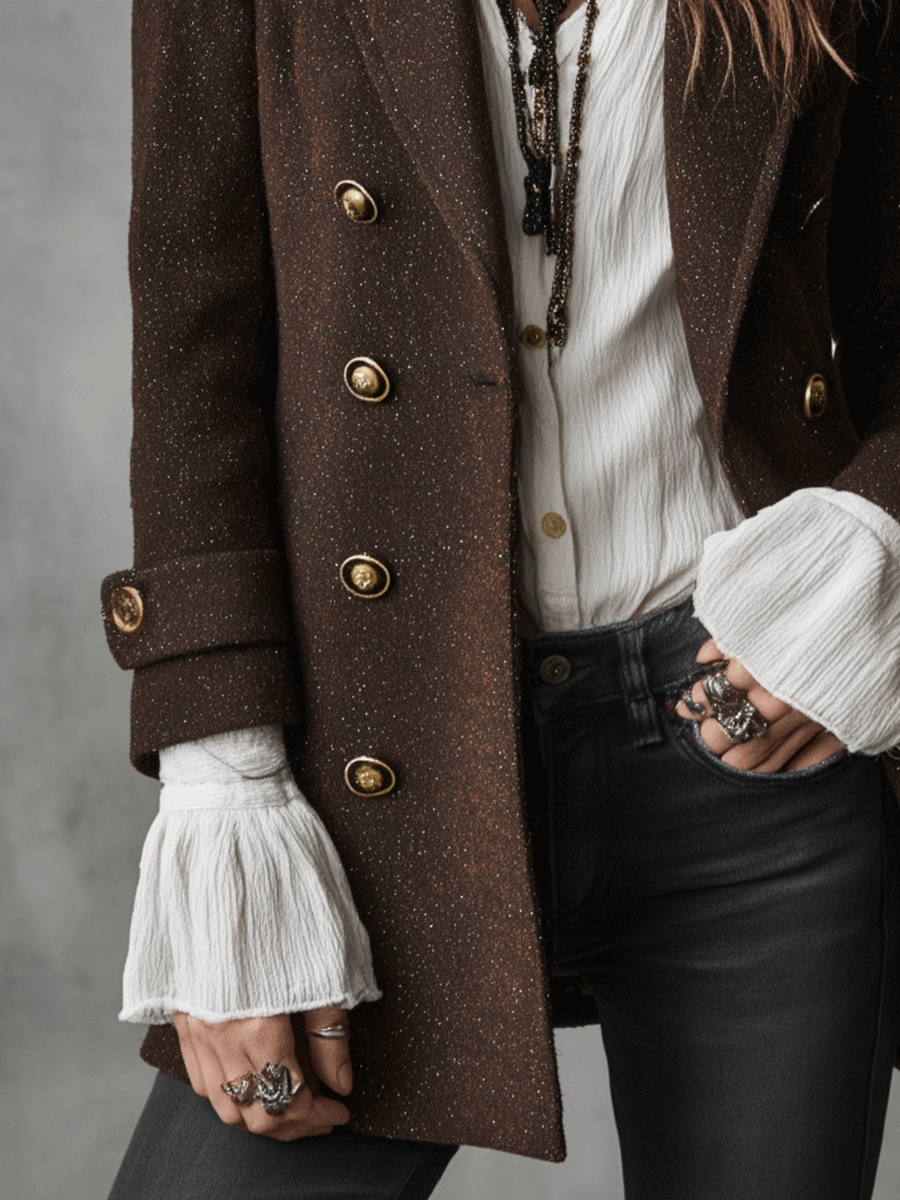 Vintage Brown Wool Double-Breasted Military Blazer Coat