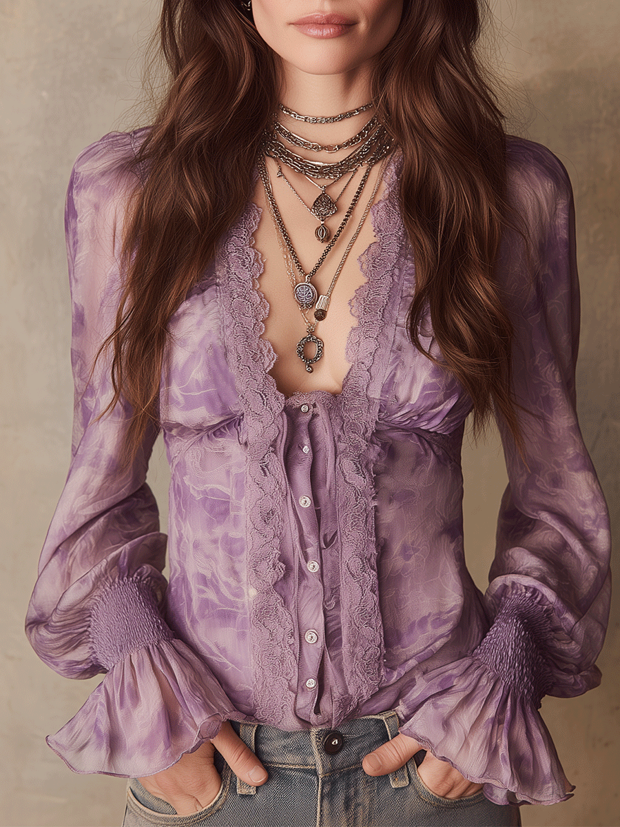 Romantic Lavender Boho Ruffle Chiffon Blouse