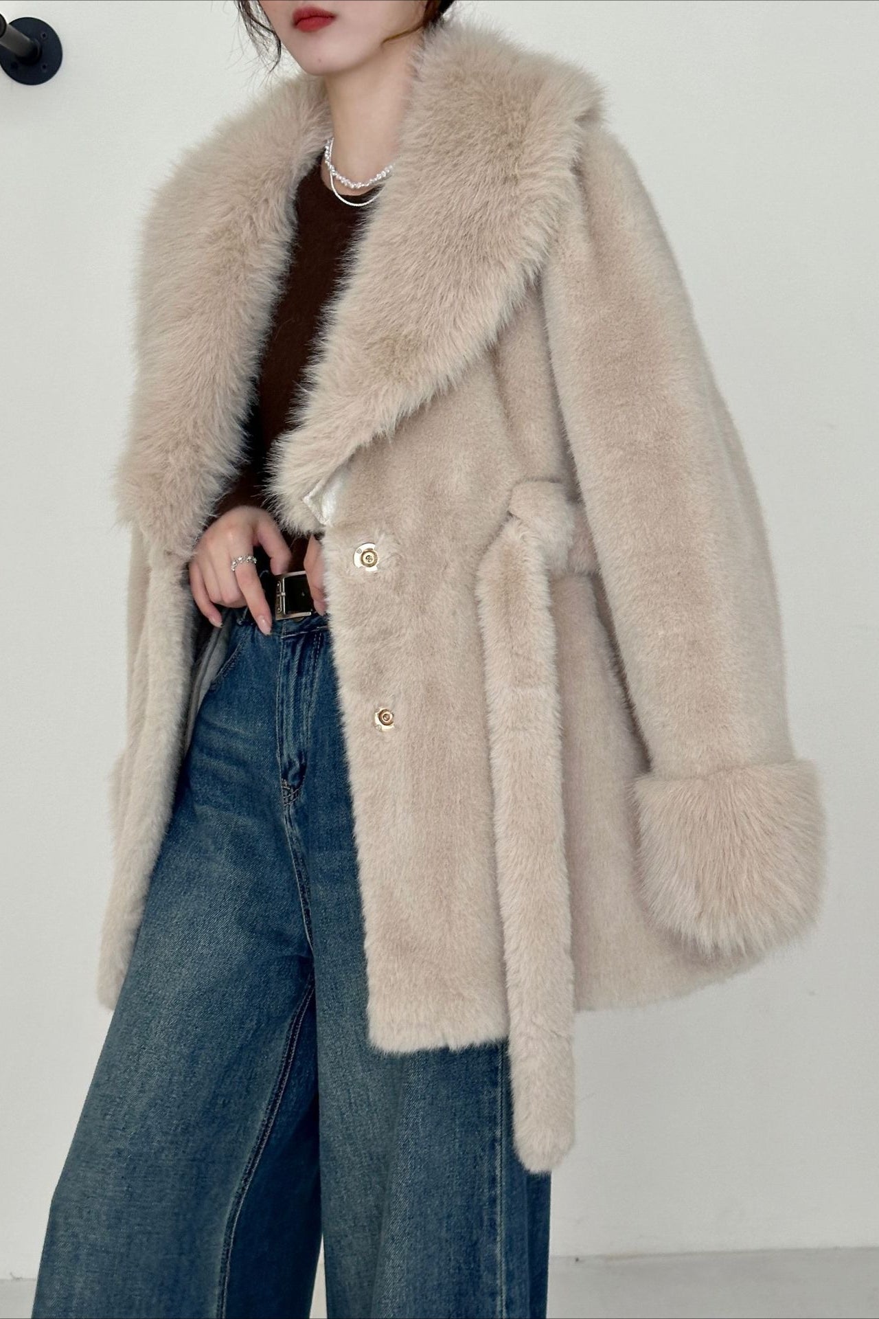 Faux Animal Fur Suede Mid-Length Notch Collar Tie Waist Coat