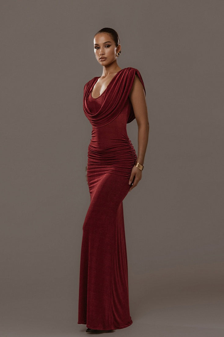 Cowl Neck Draped Ruched Bodycon Mermaid Maxi Dress