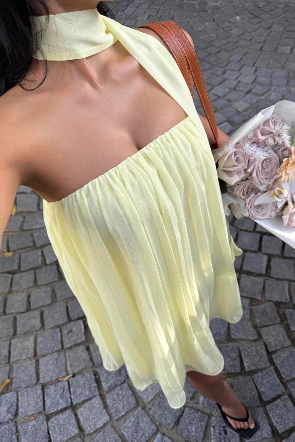 Chiffon Halter Neck Pleated Babydoll Mini Dress