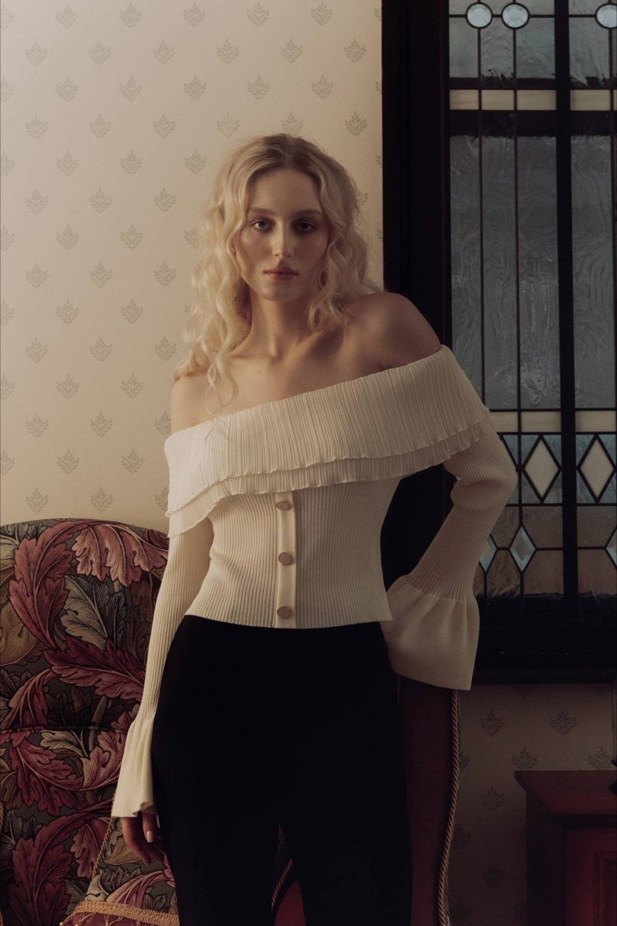 Off Shoulder Buttoned Knit Sweater