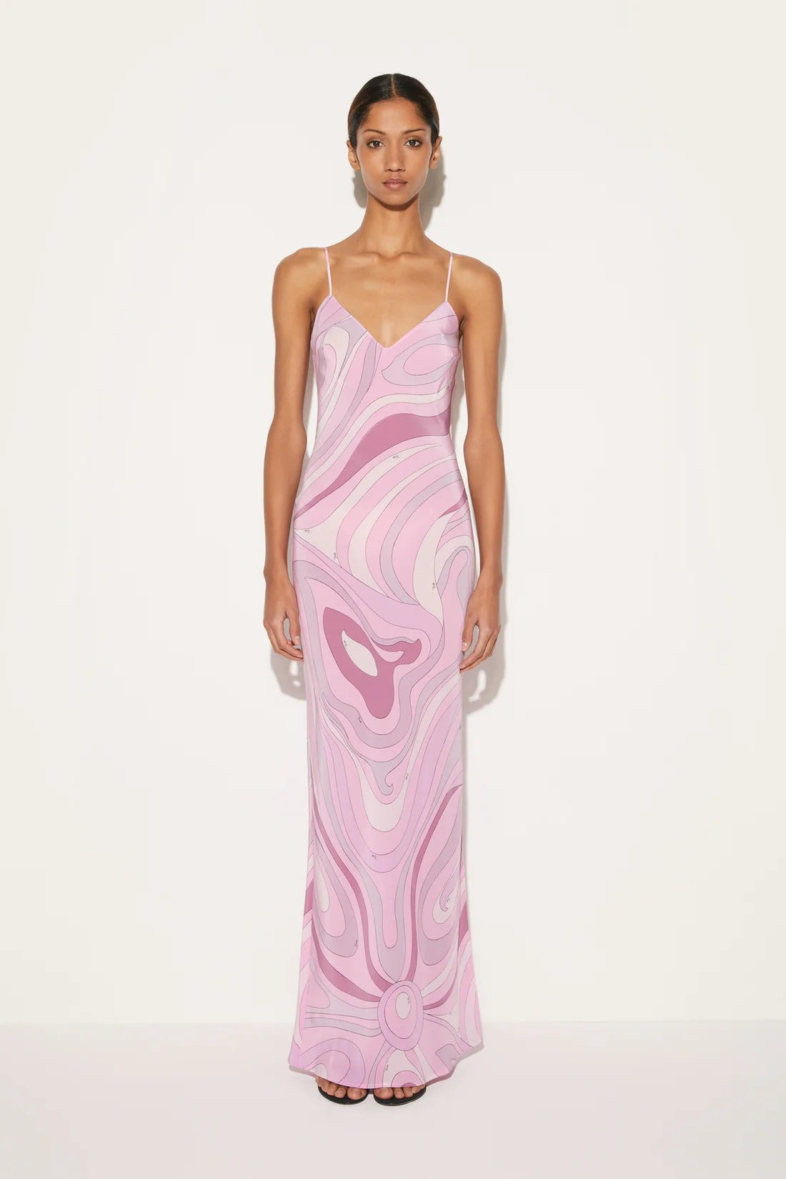 Swirl Print V-Neck Spaghetti Strap Slip Maxi Dress
