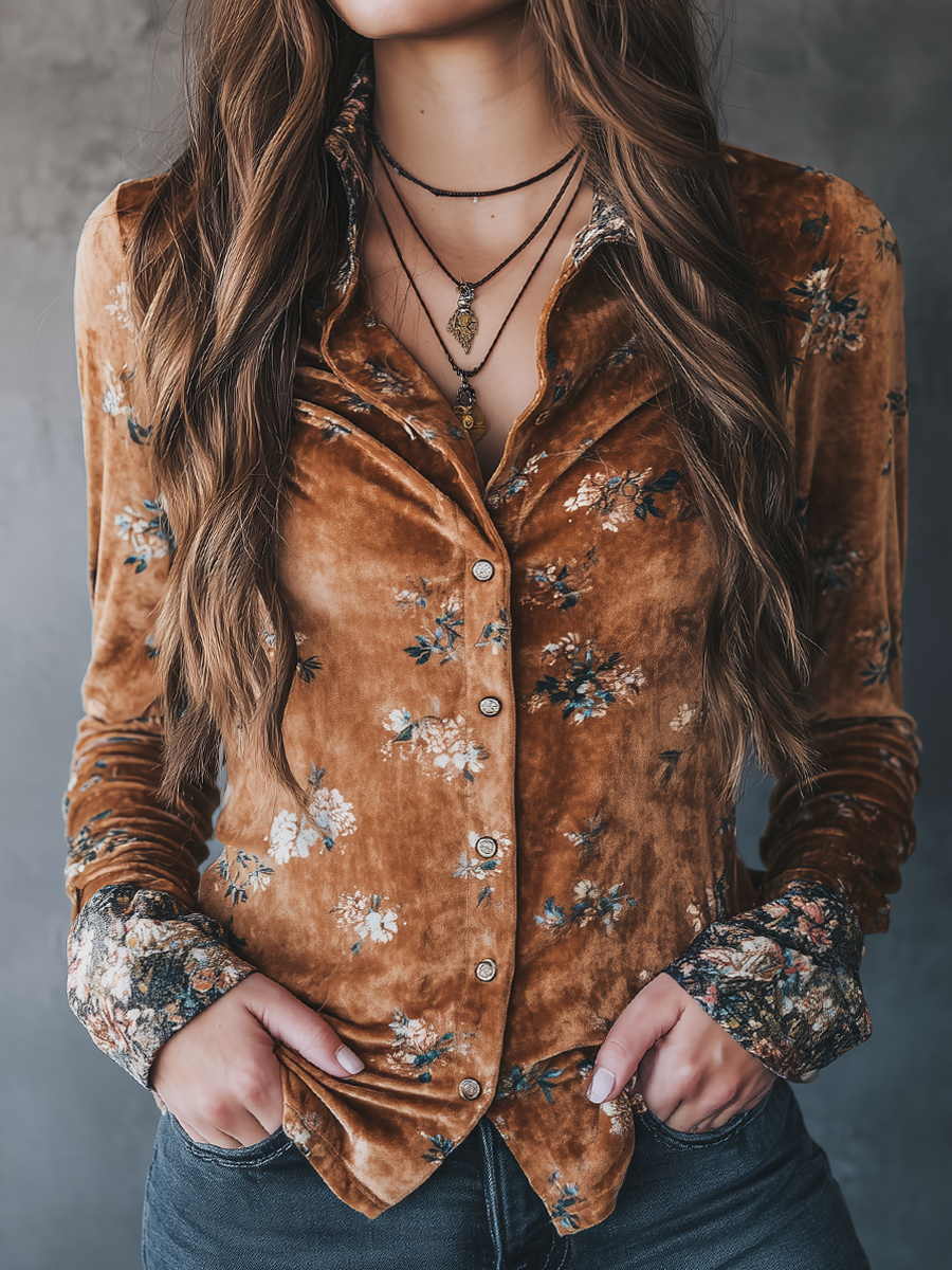 Vintage Floral Velvet Long-Sleeved Blouse - Fashionpara