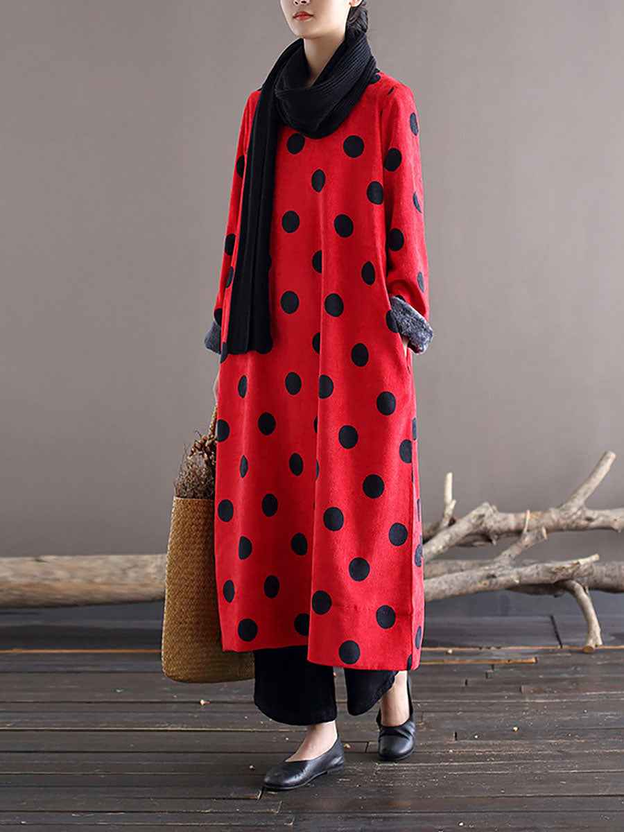 Polka Dot Corduroy Crew Neck Long Sleeve Oversized Midi Dress - View 2