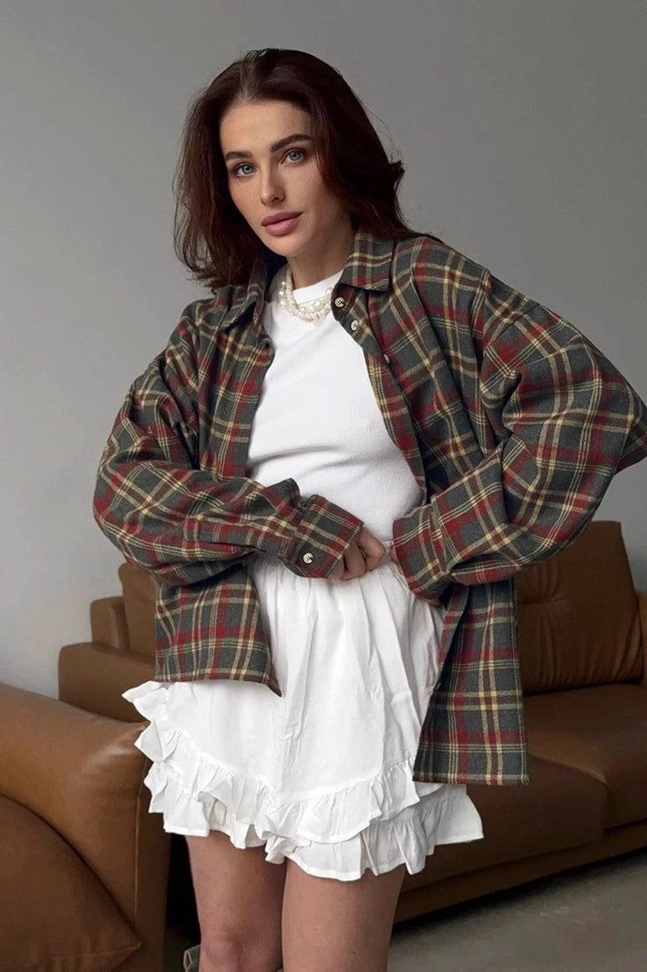 American Style Plaid Mid-Length Blouse