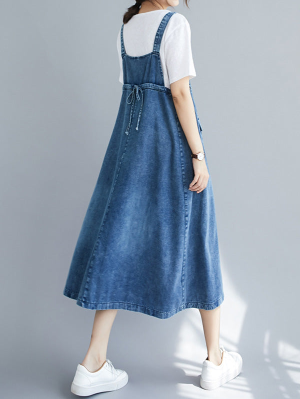Denim Bib Strap Cargo Pocket Loose Fit Midi Overall Dress - View 6