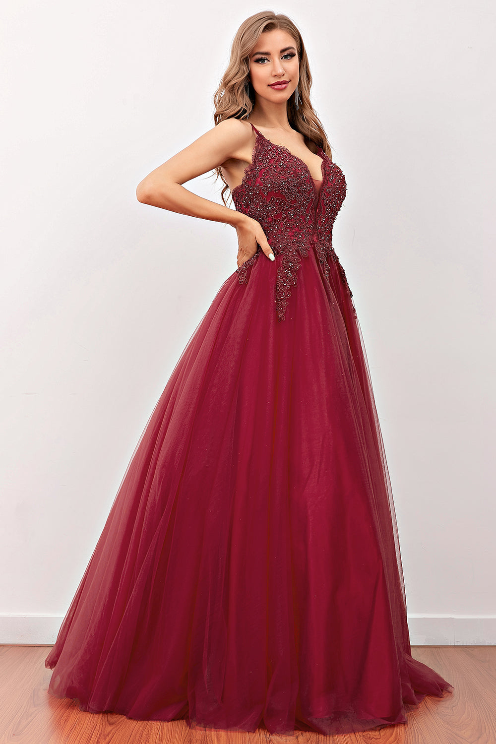 Burgundy Beaded Long Prom Dress - Fashionpara