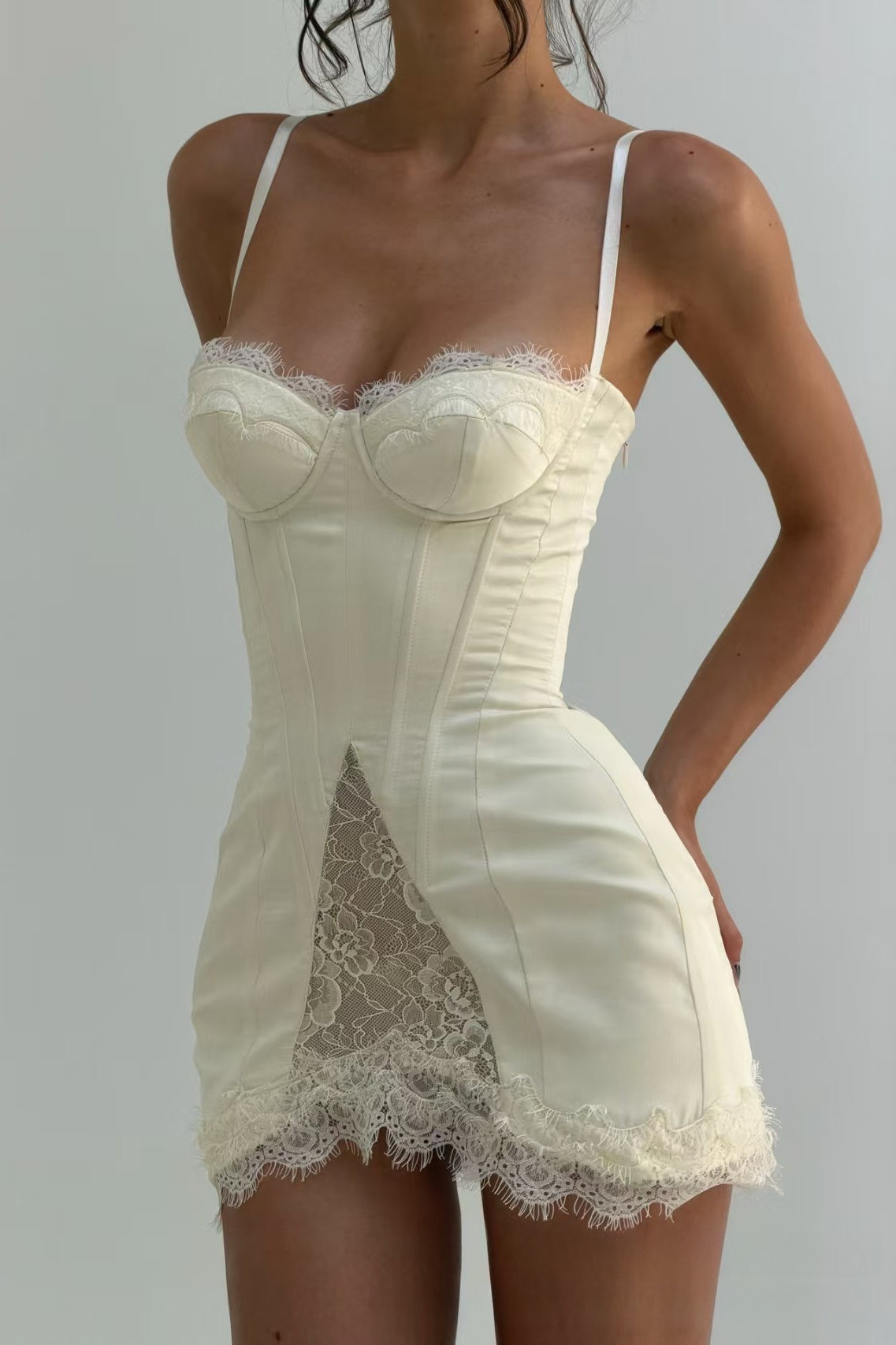 Satin Lace-Trim Sweetheart Bustier Corset Mini Dress