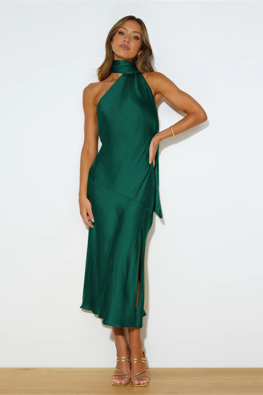 Satin Halter Neck Bias Cut High Split Midi Dress 3
