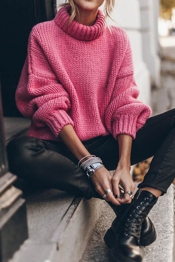 Emilia Knit Pullover Sweater with Thick Collar and Long Sleeves