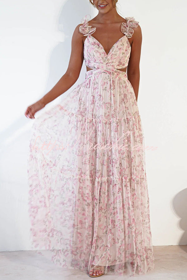Garden Fairy Tulle Floral Ruffle Detail Cutout Waist Back Tie-up Maxi Dress - Fashionpara