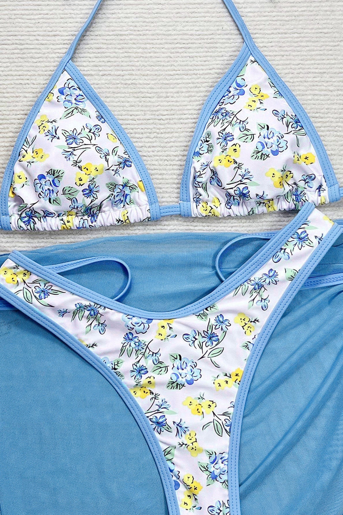 Backless Tie Floral Three Piece Swim Set