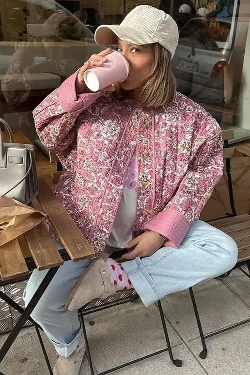 Floral Print Padded Coat with Crew Neck for Stylish Warmth