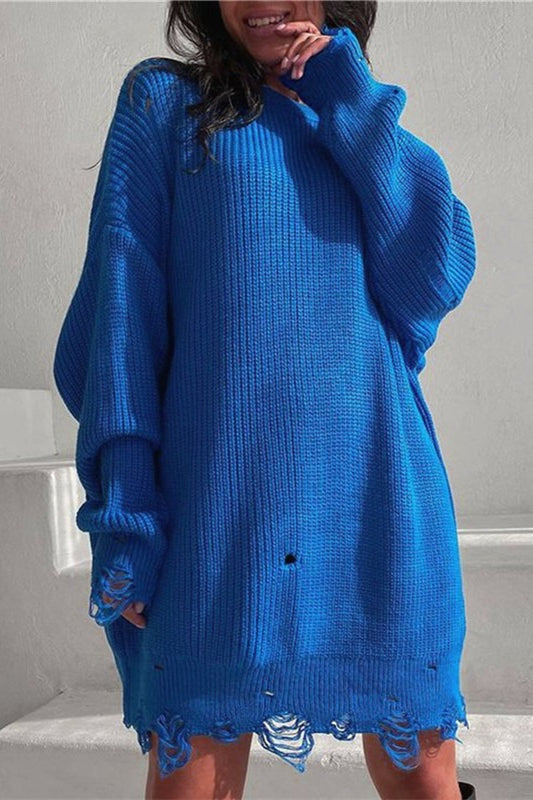 Distressed Hem Turtleneck Oversized Knit Sweater 5