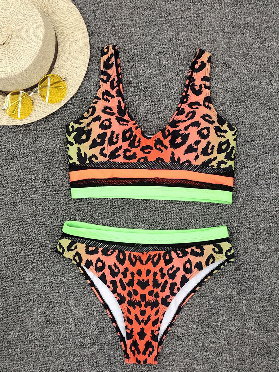 Women's Bikinis Leopard High Waist Sleeveless U Neck Padded Unadjustable Wire-free Sexy Beach Vacation Bikini Suit - Fashionpara