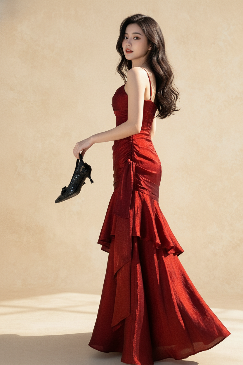 Satin Ruffle Trim Party Dress