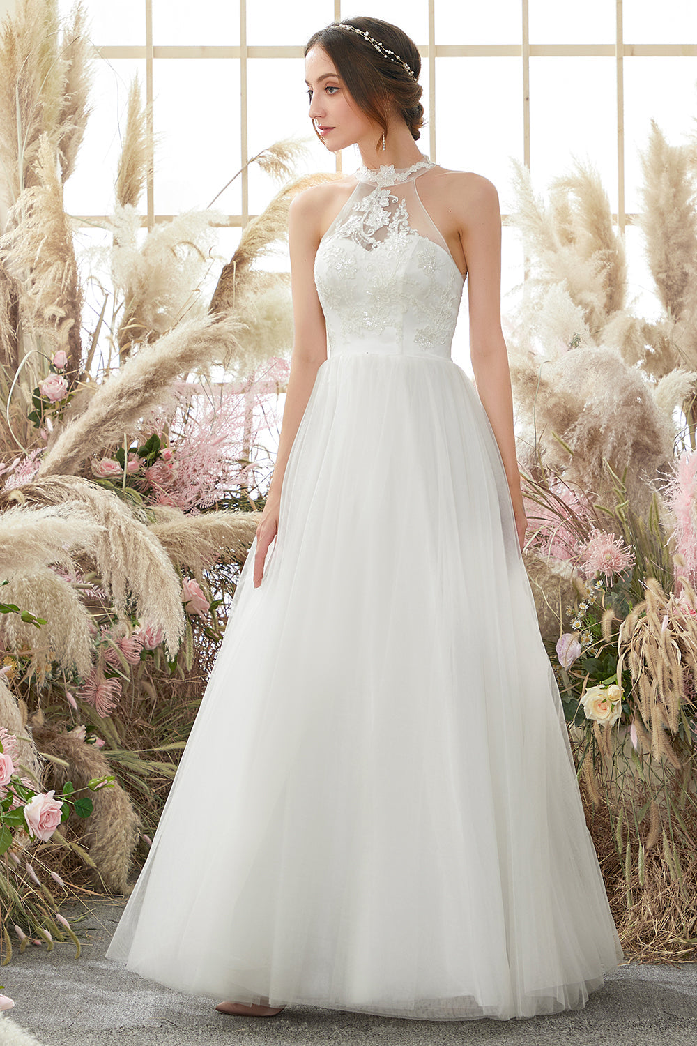 White Halter Neck Wedding Dress - Fashionpara