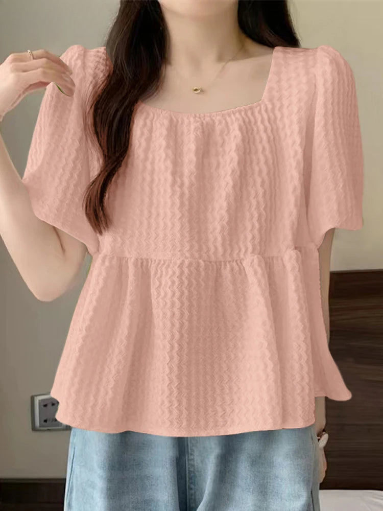 Short Sleeve Pleated Textured Blouse Summer Blouse Pink / S blouse-250126