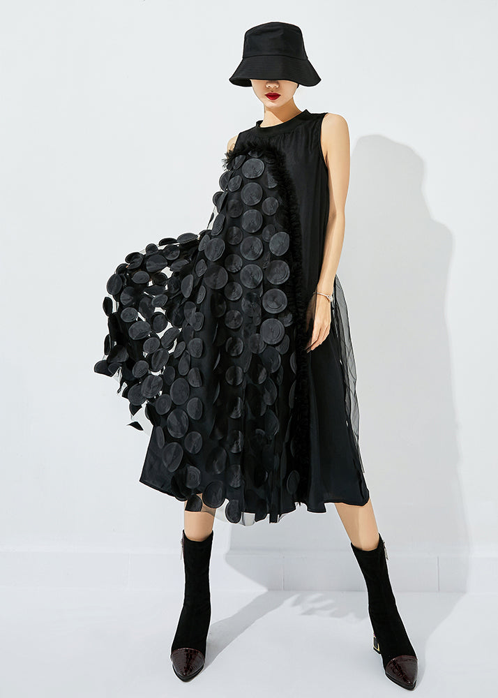 3D Circle Appliqué Asymmetric Drape High Neck Mesh Midi Dress - View 2