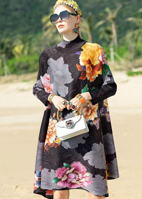 Floral Print Mock Neck Long Sleeve Crinkled Texture A-Line Midi Dress - View 2
