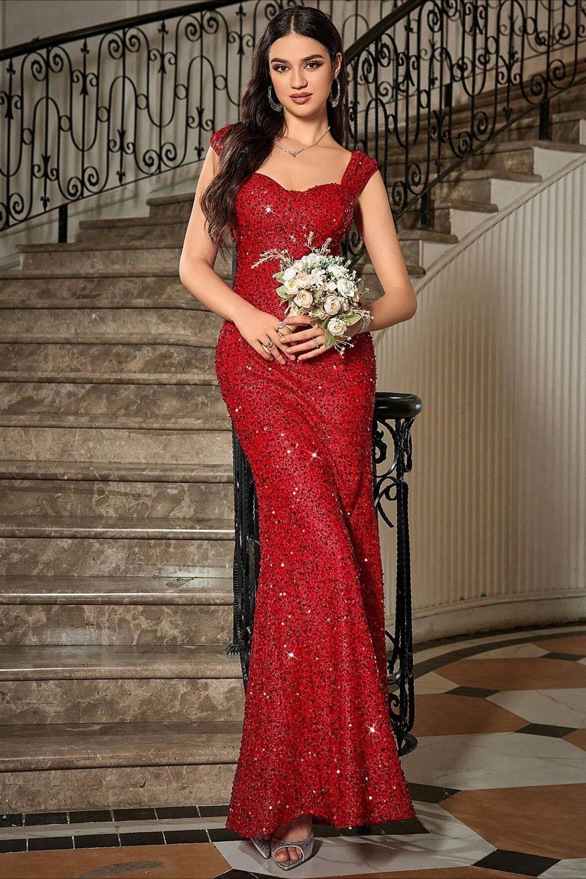 Sequin Sweetheart Cap Sleeve Mermaid Formal Gown - View 16