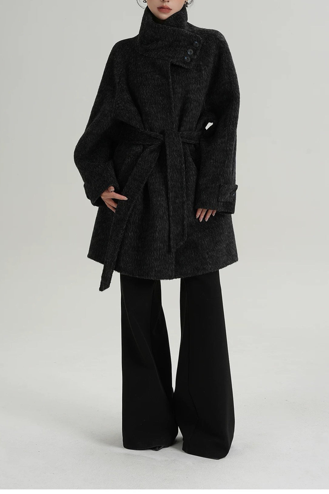 Solid Wool Warm Loose Mock-neck Coat 14