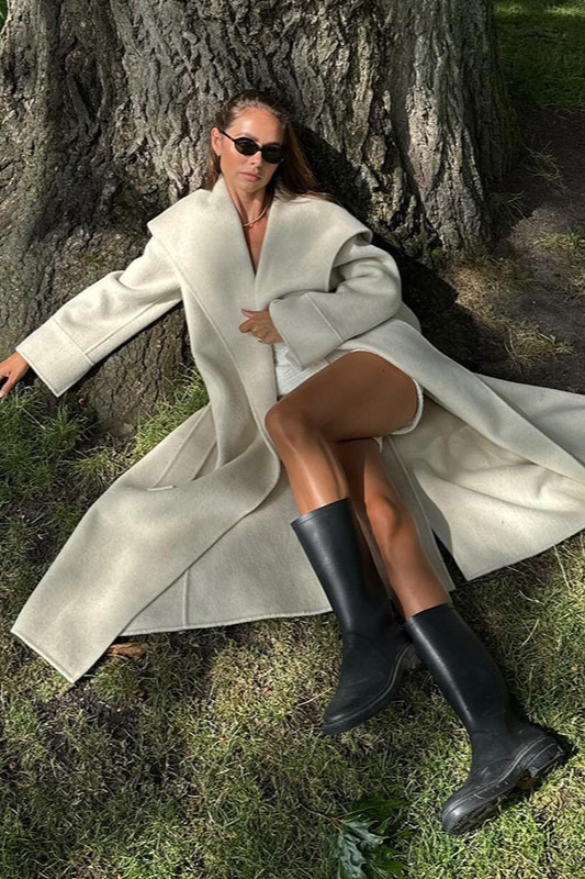 Wool Wide Lapel Cinched Waist Long Overcoat - Fashionpara