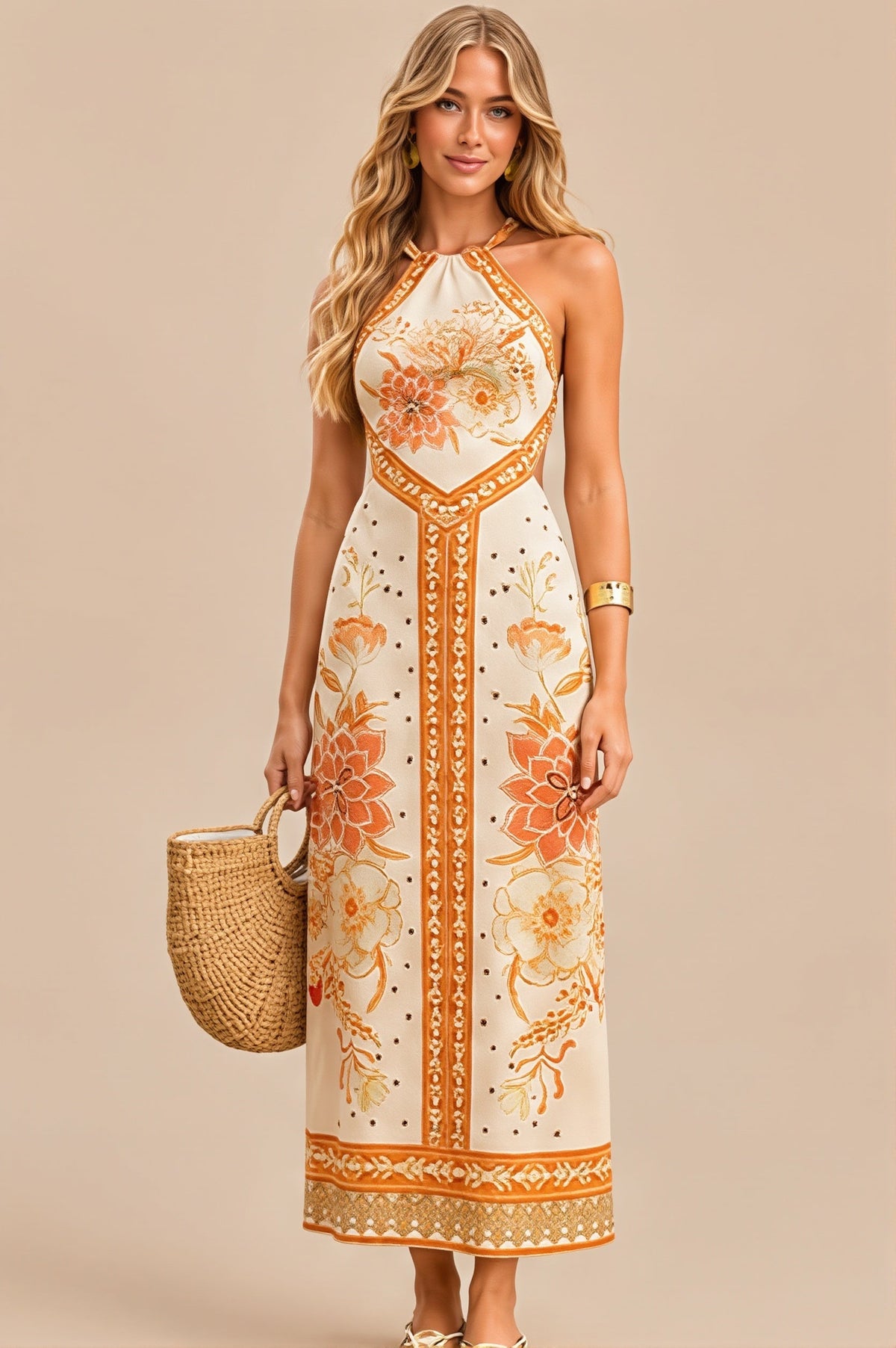 Floral Placement Print Halter Neck Maxi Dress